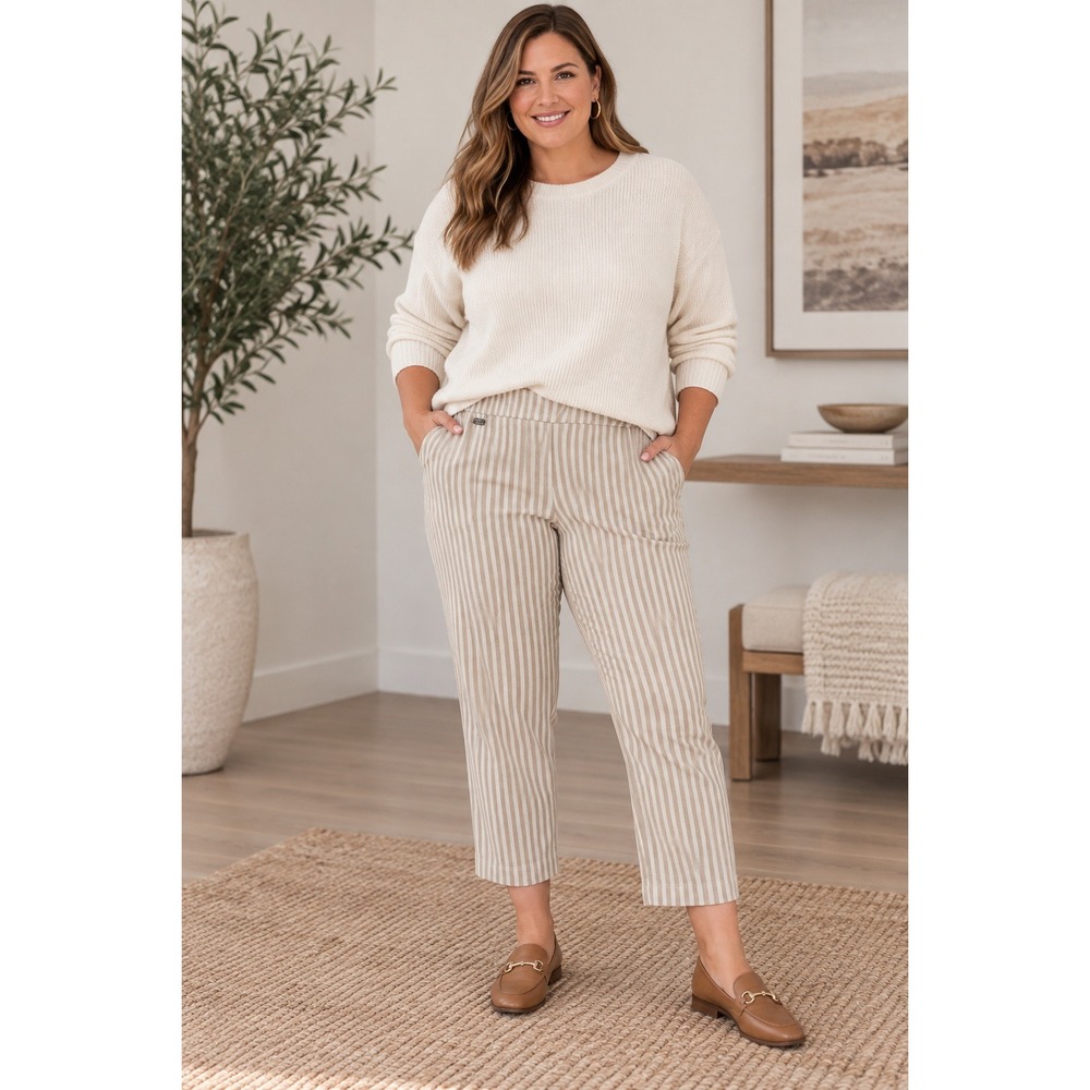 Peck & Peck Women Tan White Striped Linen Blend Pull On Crop Pants Size 14